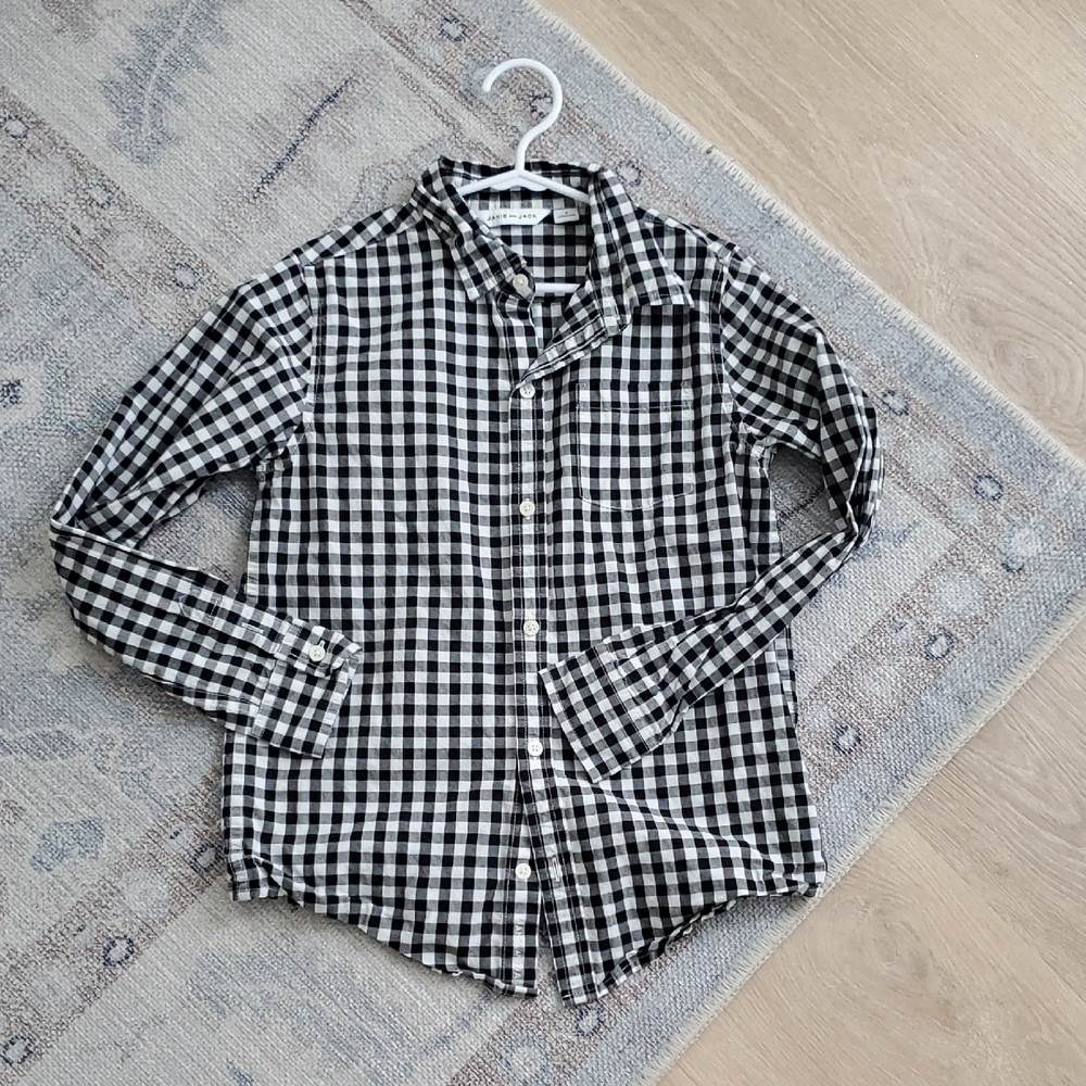 Janie and Jack Boys Black White Gingham Checked Button Down Shirt Sz8